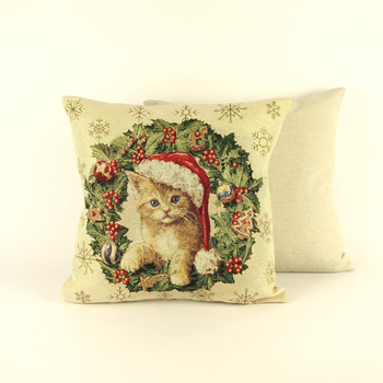 Poszewka gobelinowa świąteczna -  Kot w wianku
