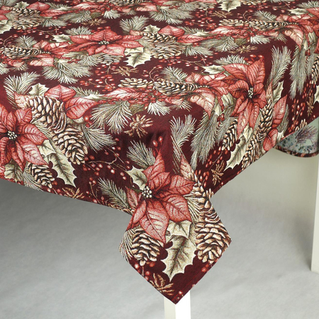 Obrus gobelinowy świąteczny 350x140 - Poinsecja i szyszki