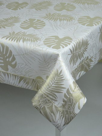 Świąteczny obrus "Monstera" złoty - mankiet, Prostokąt 450 x 150 cm