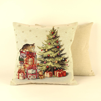 Poszewka gobelinowa świąteczna - Kot na prezentach