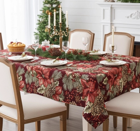 Obrus gobelinowy świąteczny 180x140 - Poinsecja i szyszki